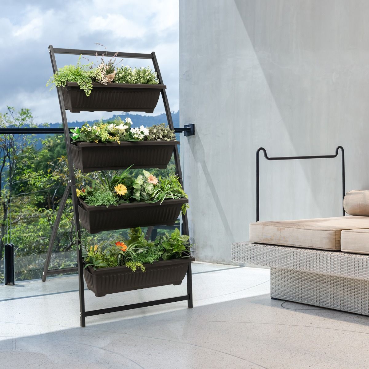 Coast Vertikales Blumenbeet – 4 Ebenen – Erhöht mit herausnehmbaren Kästen – Schwarz und Braun – 76 x 70,5 x 160 cm