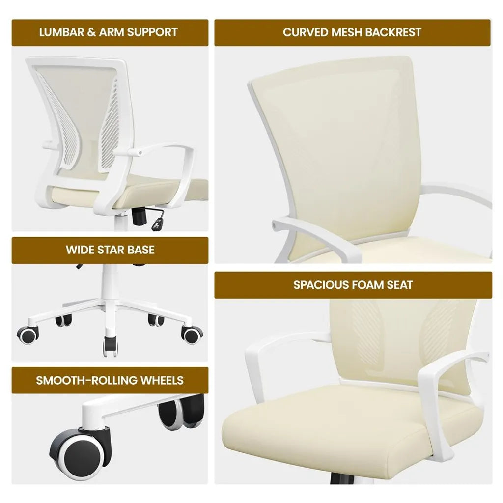Yaheetech Ergonomischer Bürostuhl 60 x 60 x 91–100,5 cm – Beige – Verstellbarer Drehstuhl mit Netzrückenlehne