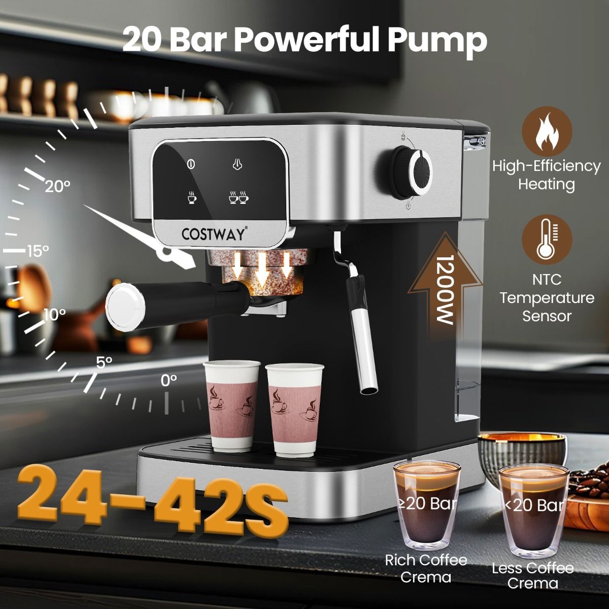Coast Espressomaschine 20 bar 1200 W – Dampf-Milchaufschäumer – 1,8 l Wassertank – Touchscreen – Schwarz/Silber – 26 × 21 × 28 cm