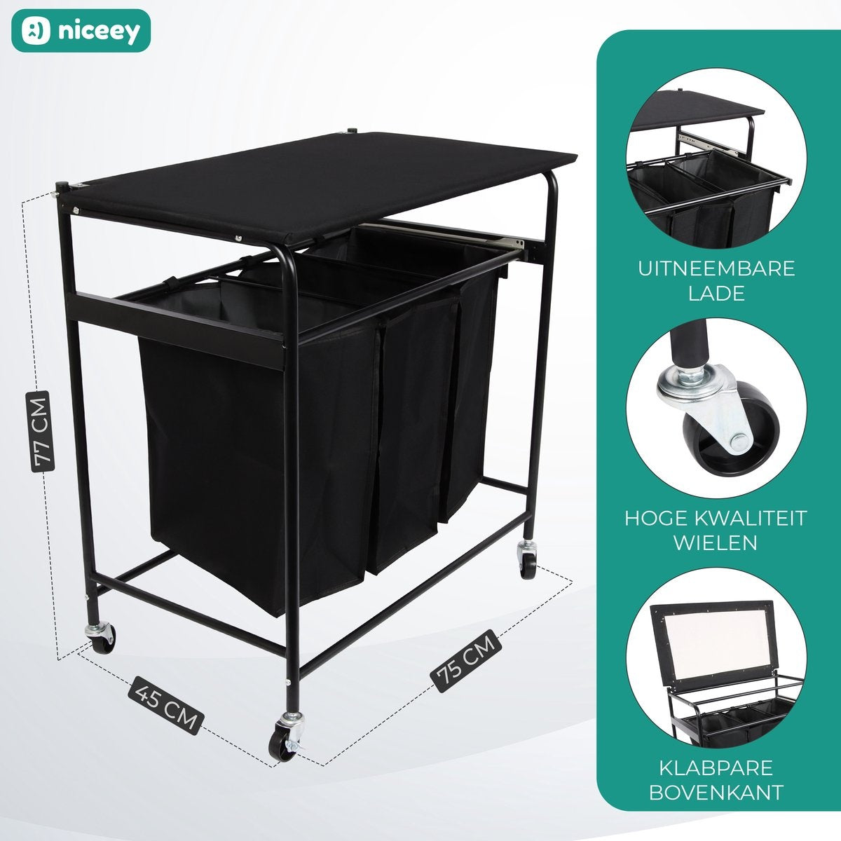 Niceey Wäschekorb auf Rädern - 3 ausziehbare Fächer - Schwarz