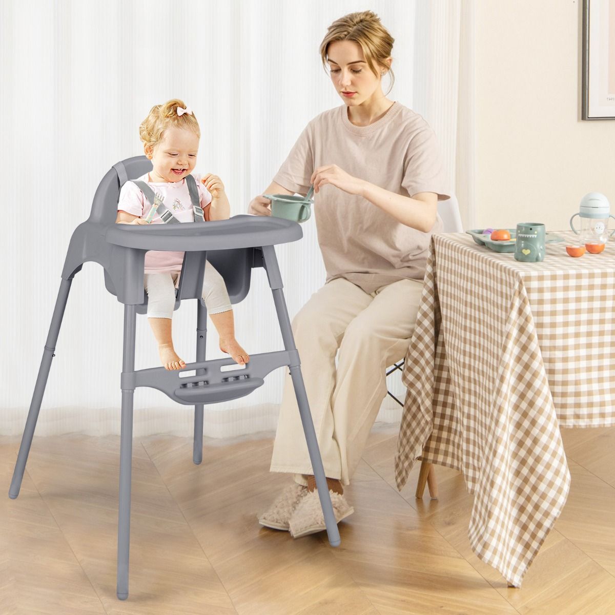 Coast 4-in-1-Kinderstuhl – umbaubar zum Kleinkindstuhl und zur Sitzerhöhung – verstellbares Tablett und Fußstütze – grau