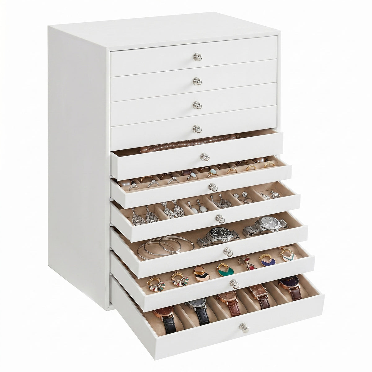 JOYFURNOS Schmuckorganizer mit Schubladen, große Aufbewahrungsbox, moderne Geschenkidee für das Schlafzimmer, 10 Ebenen, weiß