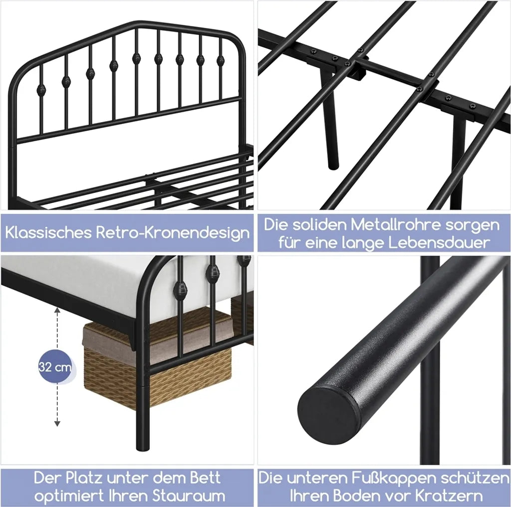 Yaheetech Metallbettgestell - 140x200 cm - Vintage - mit Kopfteil - Schwarz - Industriedesign