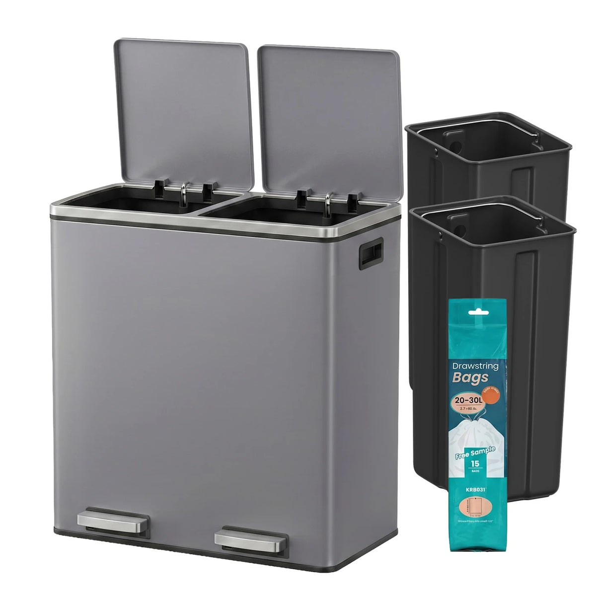 JOYFURNOS Recycling-Abfalleimer mit Pedal – 2-Kammer-Abfalltrennsystem – Soft-Close-Deckel – Schiefergrau