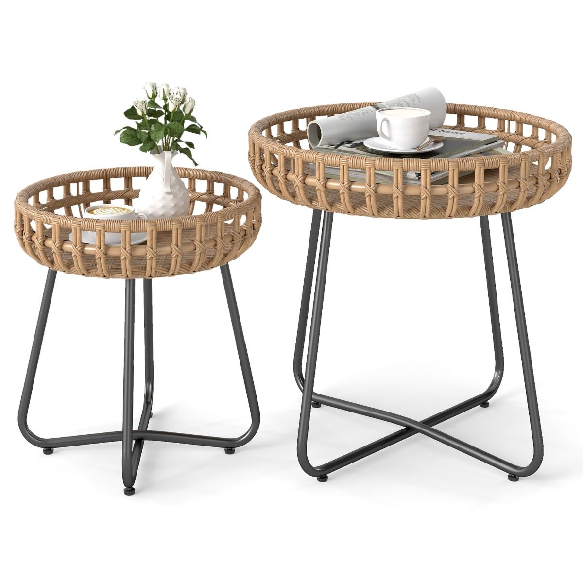 Coast 2er-Set runde Couchtische – Handgewebtes Rattan – Metallgestell – Braun und Schwarz