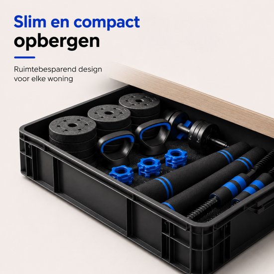 Sportfloww Hanteln 28,5 kg – Hantelset – Gewichtsset mit Kettlebell, Langhantel, EZ-Curlstange und AB-Roller – Verstellbare Hanteln