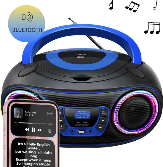Denver Tragbares DAB-Radio CD-Player Kinder - Bluetooth - Lichteffekte - Boombox - AUX - FM - TDB212BLUE