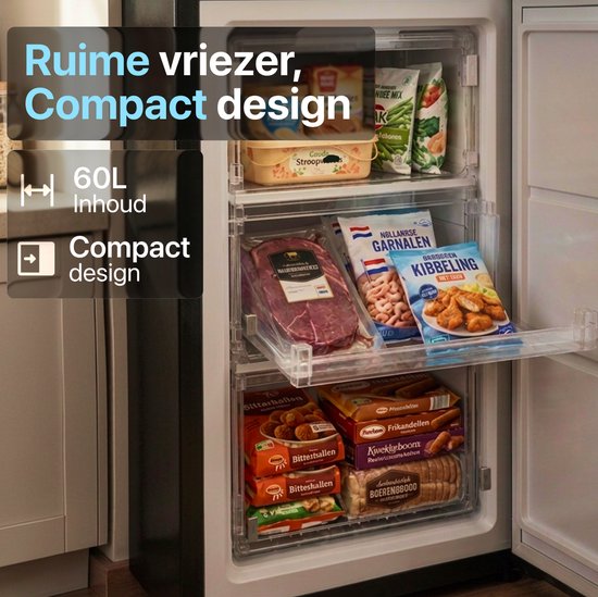 Joula Tischgefriertruhe – freistehend, Mini/klein – 60 Liter – 3 Gefrierschubladen – Schwarz