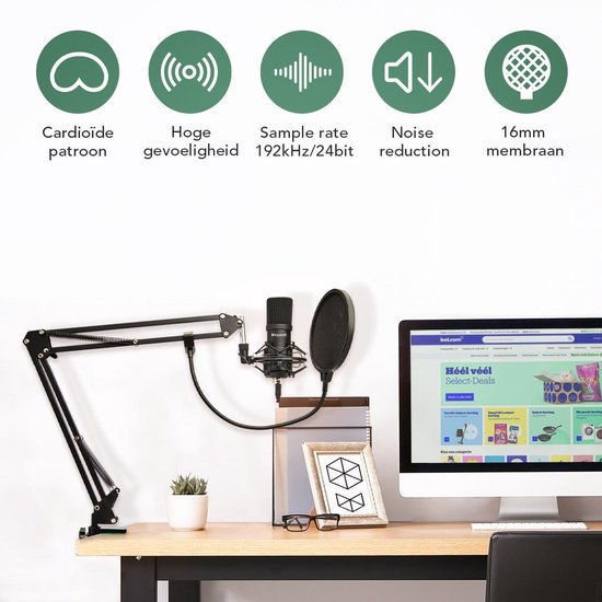 LifeGoods Mikrofon für PC - mit Arm - Gaming-Mikrofon - Streaming - Kondensator - Rauschunterdrückung - Pop Cap - Pop Filter - Schwarz