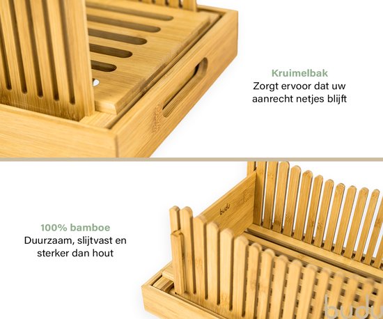 Budu Brotschneidemaschine Bambus - Brotschneidemaschine Werkzeug - Brotbrett Holz - Brotschneidemaschine mit Auffangschale - Bambus - 30x20cm