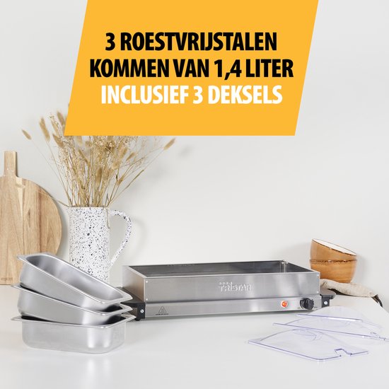 Tristar BP-6283 – Buffetwärmer 200 W – Chafing Dish – 3 x 1,4 Liter – inkl. Deckel – Edelstahl