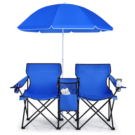 Coast Doppel Campingstuhl - Mit Sonnenschirm - Faltbar - Mit Getränkehalter und Kühltasche - Blau