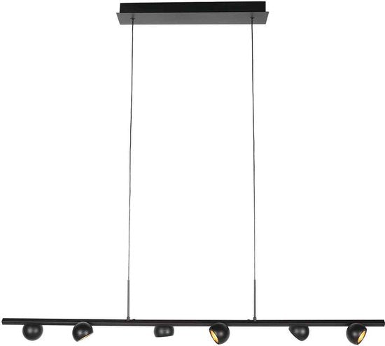 Schwarze Hängeleuchte Marcadore, 120 cm breit, 6-flammig, mit drehbaren Reflektorkugeln, höhenverstellbar, von Steinhauer, aus Kunststoff und Metall, im modernen Retro-Stil, für den Innenbereich