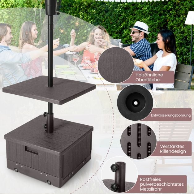 Coast 3-in-1-Sonnenschirmständer mit Tischplatte und Rollen – Befüllbarer Sonnenschirmständer für Ø 38/48 mm – Schwarz/Braun