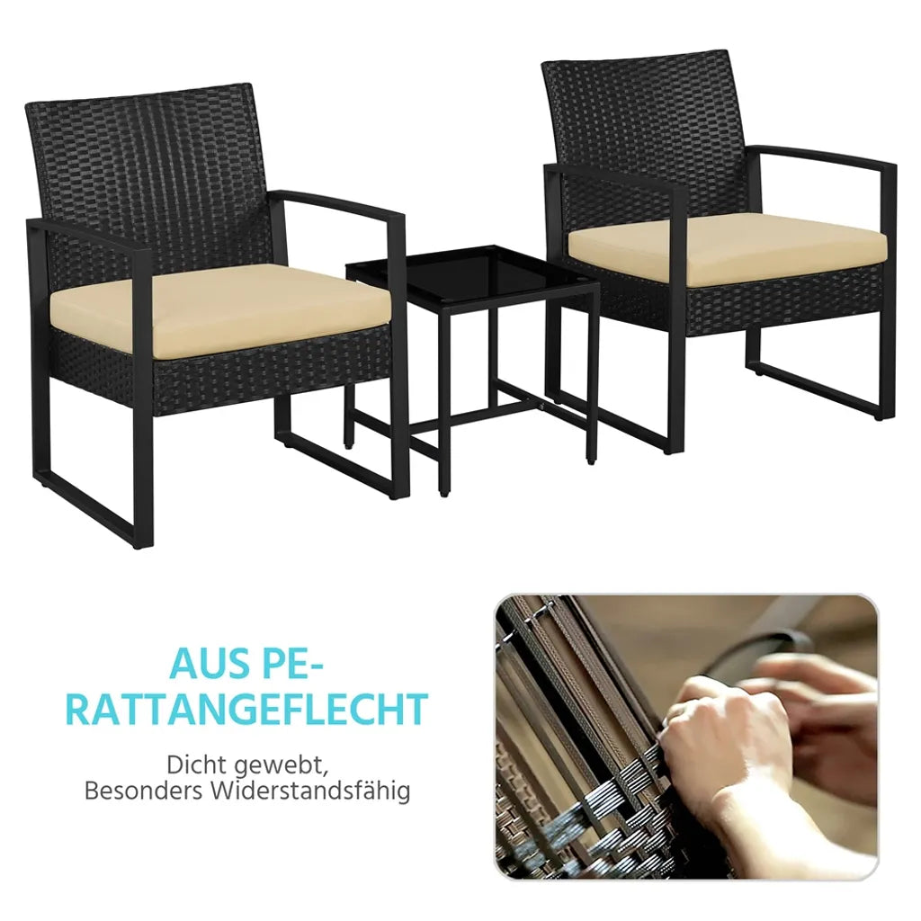 Yaheetech Balkon-Set – 3-teilig – 2 Stühle/Tisch – Polyrattan – Schwarz/Khaki
