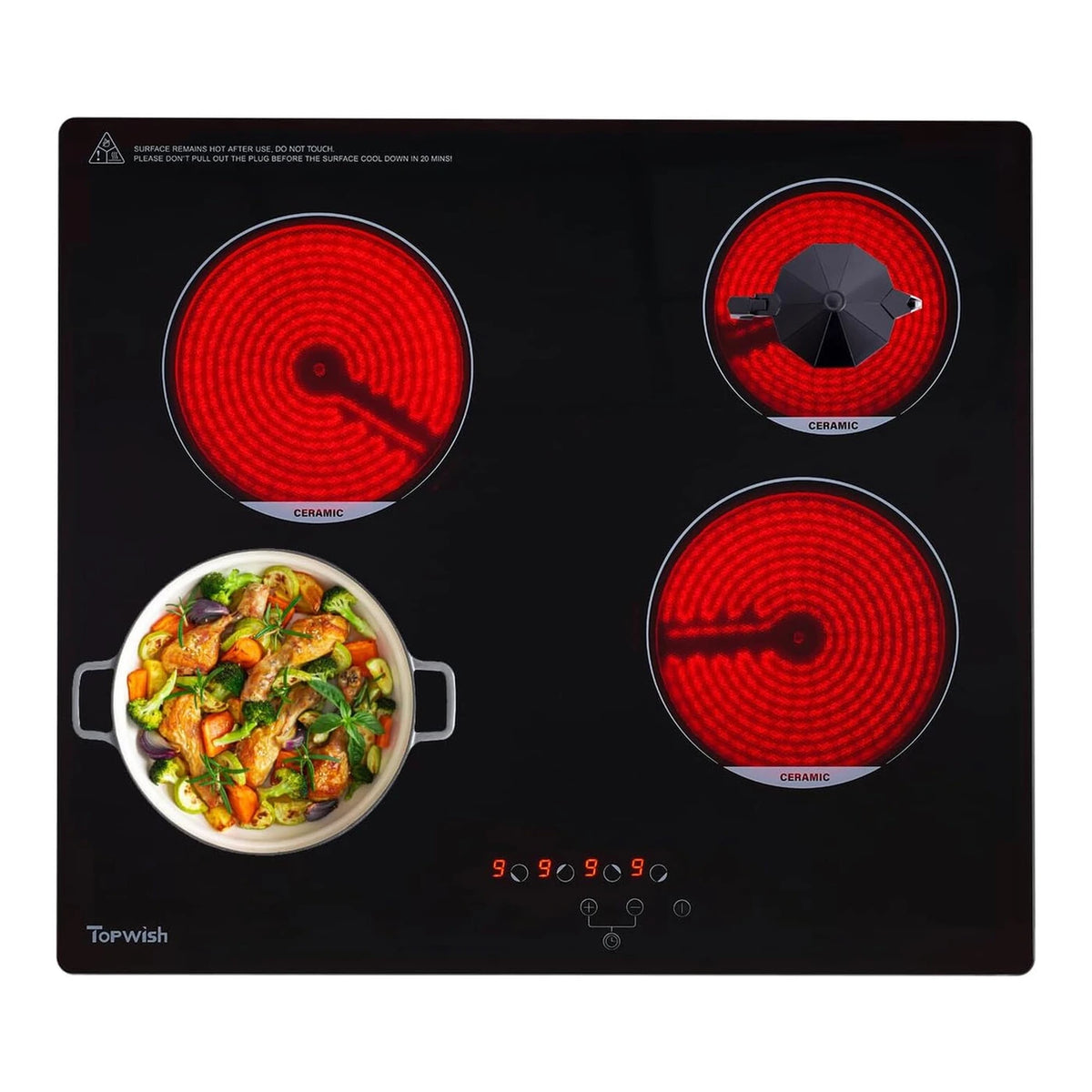 Topwish Einbau-Cerankochfeld mit 4 Kochzonen – 60 cm – 6600 W – Touch-Bedienung – Kindersicherung