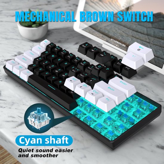 HXSJ V900 - Wired Gaming Keyboard - Mechanisch - RGB - Blauer Schalter - 61 Tasten - QWERTY-Tastaturen - Schwarz weiß