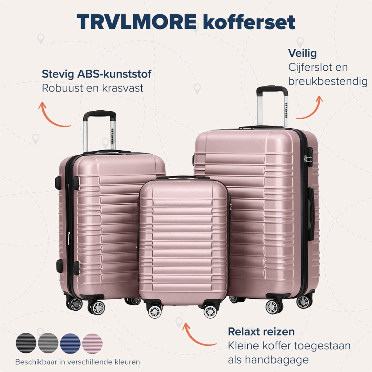 TRVLMORE - Kofferset - 3 Stück - 38L (Handgepäck) + 70L + 110L - Rose Gold