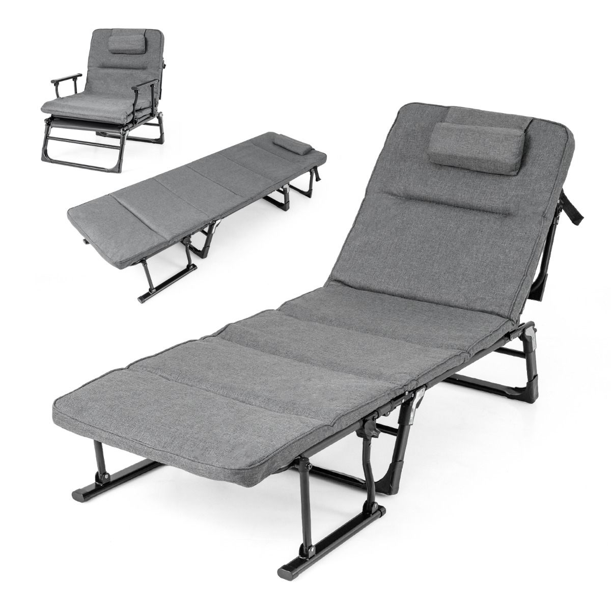 Coast Campingbett 3-in-1 – zusammenklappbares Feldbett und Liegestuhl – 6 Positionen – Grau und Schwarz