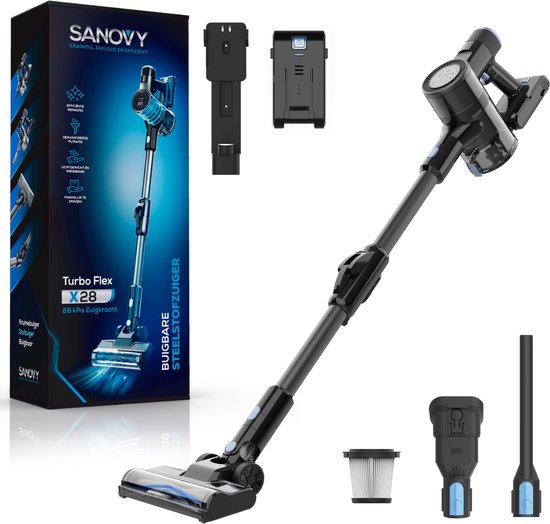 Sanovy Turbo Flex X28 Stick Staubsauger kabellos - Beutellos - Batteriebetrieben - 350W - 28Kpa - Mit Aufsätzen - Beutelloser kabelloser Staubsauger