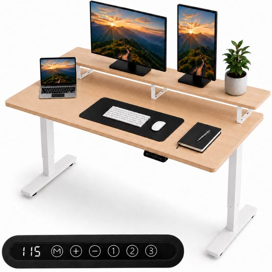 Organess Sitz-Steh-Schreibtisch – Elektrisch höhenverstellbar – 120 x 60 cm mit Erhöhung – Speicherfunktion – Kollisionsschutz – Höhenverstellbar