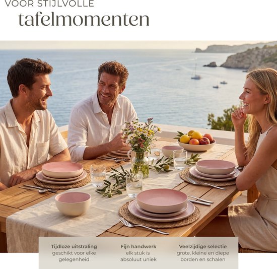 tectake® Geschirrset Mare – 24-teilig – Steingut mit glänzender Glasur - Für 6 Personen - Handgefertigtes Geschirr - Modernes Geschirrset mit großen und kleinen Tellern, Schüsseln und Schälchen - Spülmaschinen- und mikrowellengeeignet - Rosa