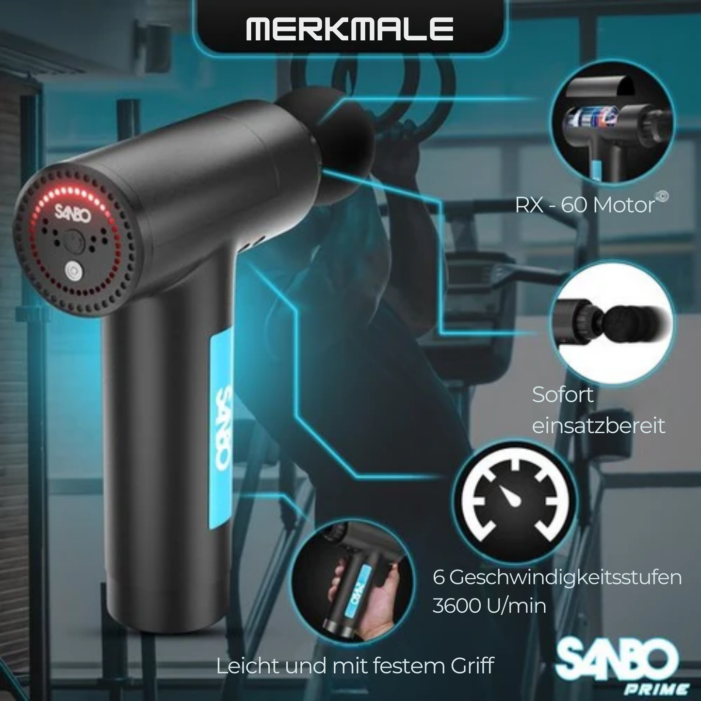 Sanbo Massage Gun Prime - Sport- und Entspannungsmassage - Profi - Inklusive Etui & App - Massagegerät - Fitness - Schwarz/Blau