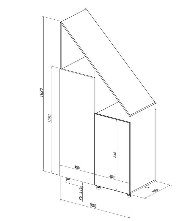 VDD Kleiderschrank für schräge Wand – 182 x 47 x 91 cm – Weiß – Schiebetüren – 2 Einlegeböden – Kleiderstange