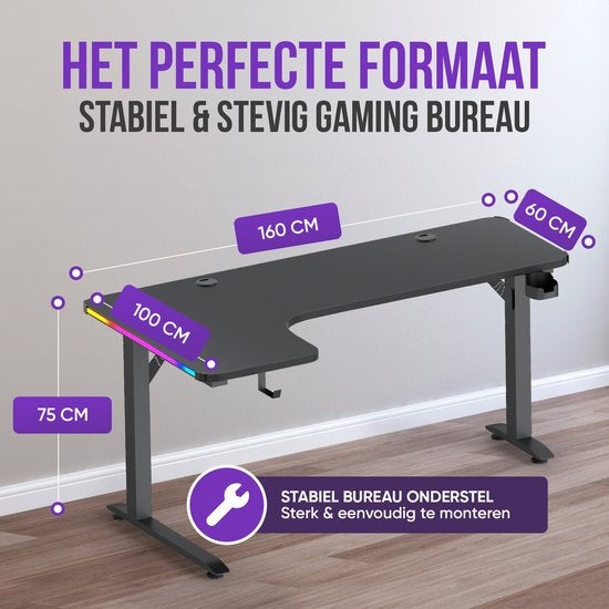 Avalo - Gaming Desk & L-Shaped Corner Desk - 160x100x75 cm - Mit RGB-LED-Beleuchtung - Becherhalter & Headset-Haken - Edelstahl & ABS - Schwarz