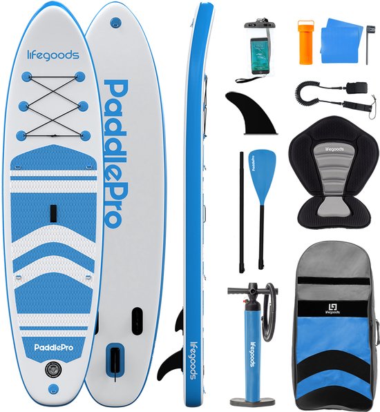 LifeGoods PaddlePro SUP Board - mit Sitz - Aufblasbares Paddle Board - Komplettset - Max. 135KG - 320x81cm - Weiß/Himmelblau