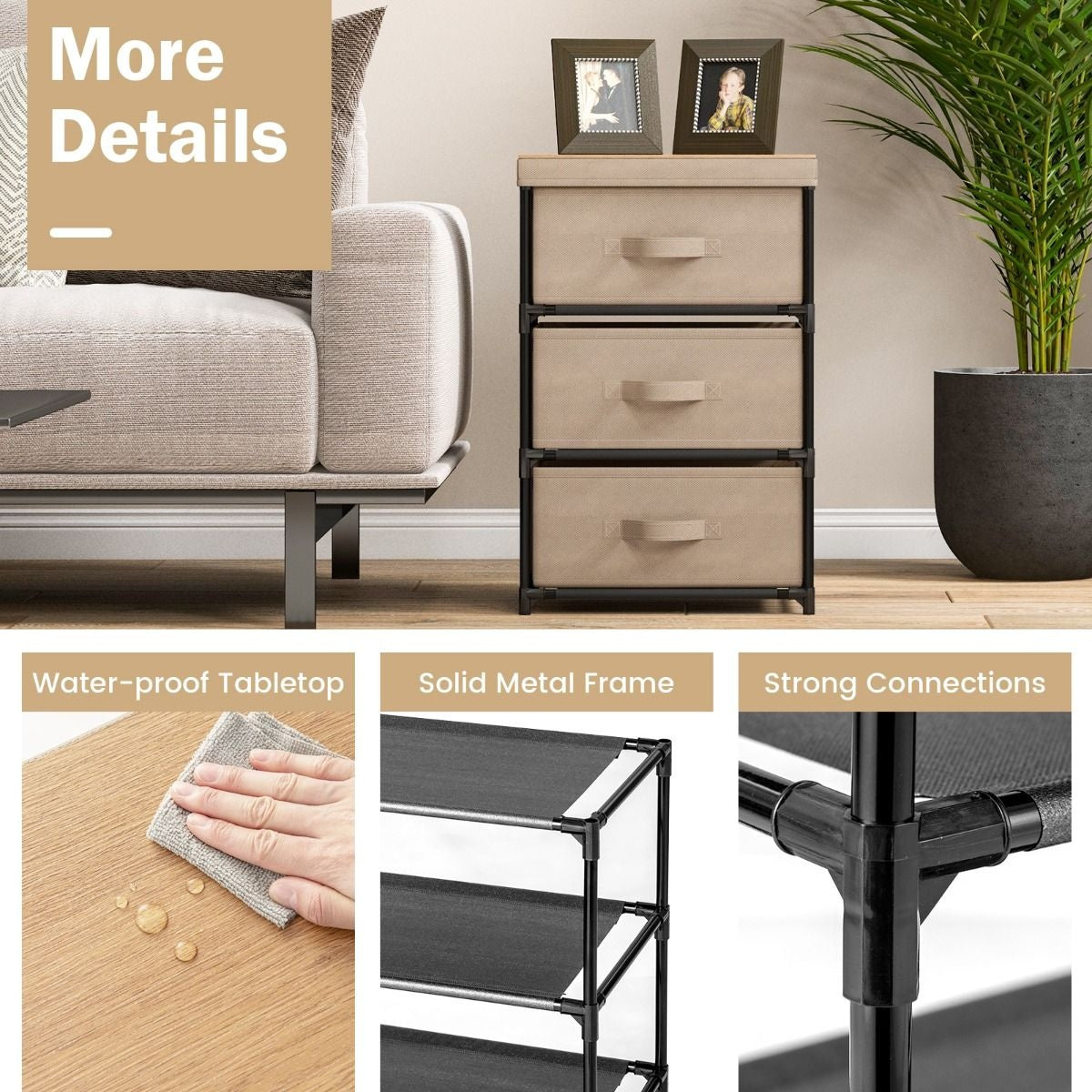 Coast Nachttisch - Mit 3 klappbaren Stoffschubladen - 40 x 30 x 62 cm - Kaffeebraun