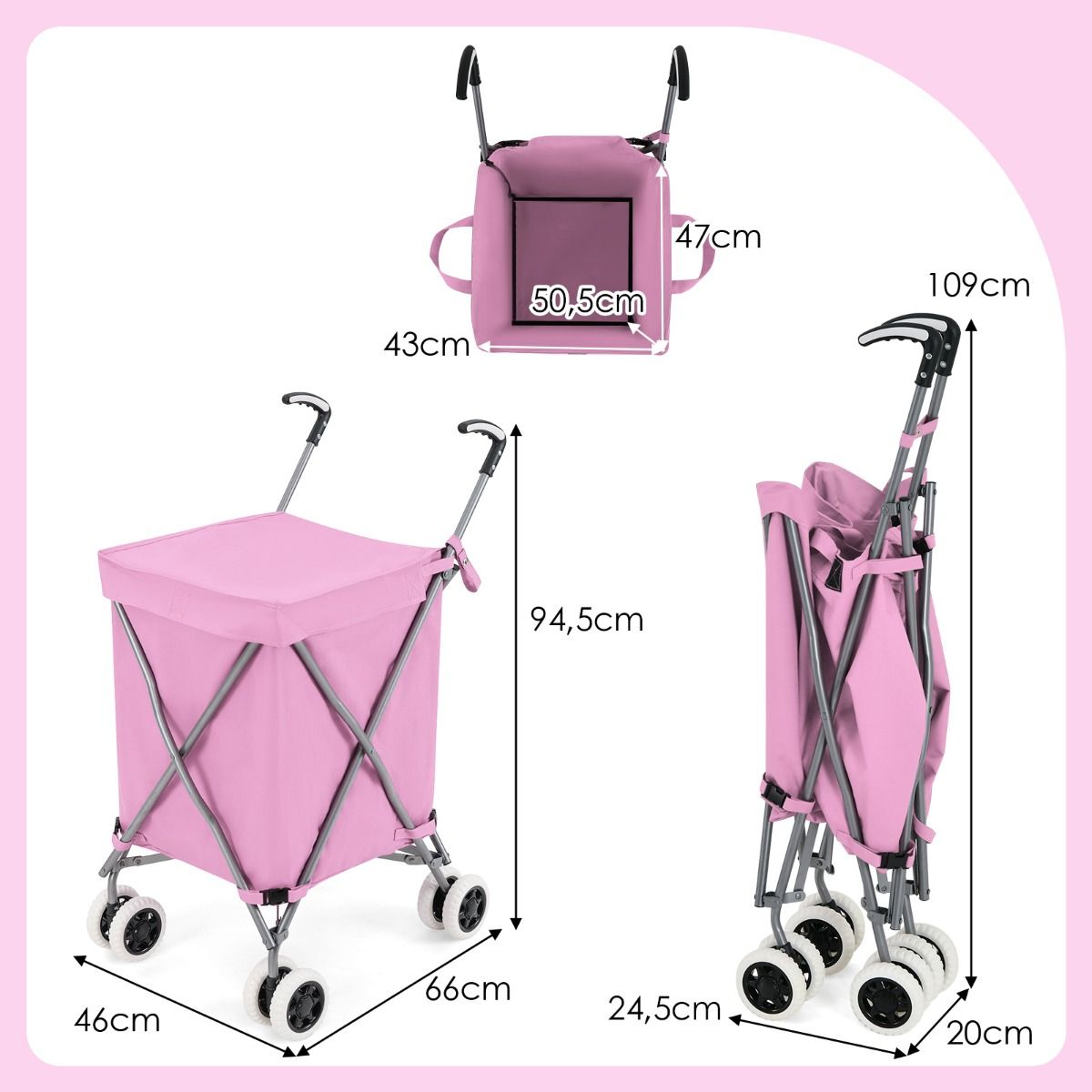 Coast Zusammenklappbarer Einkaufswagen mit Rädern – Handwagen 90 l – Zusammenklappbarer Einkaufswagen – 66 x 46 x 94,5 cm – Rosa