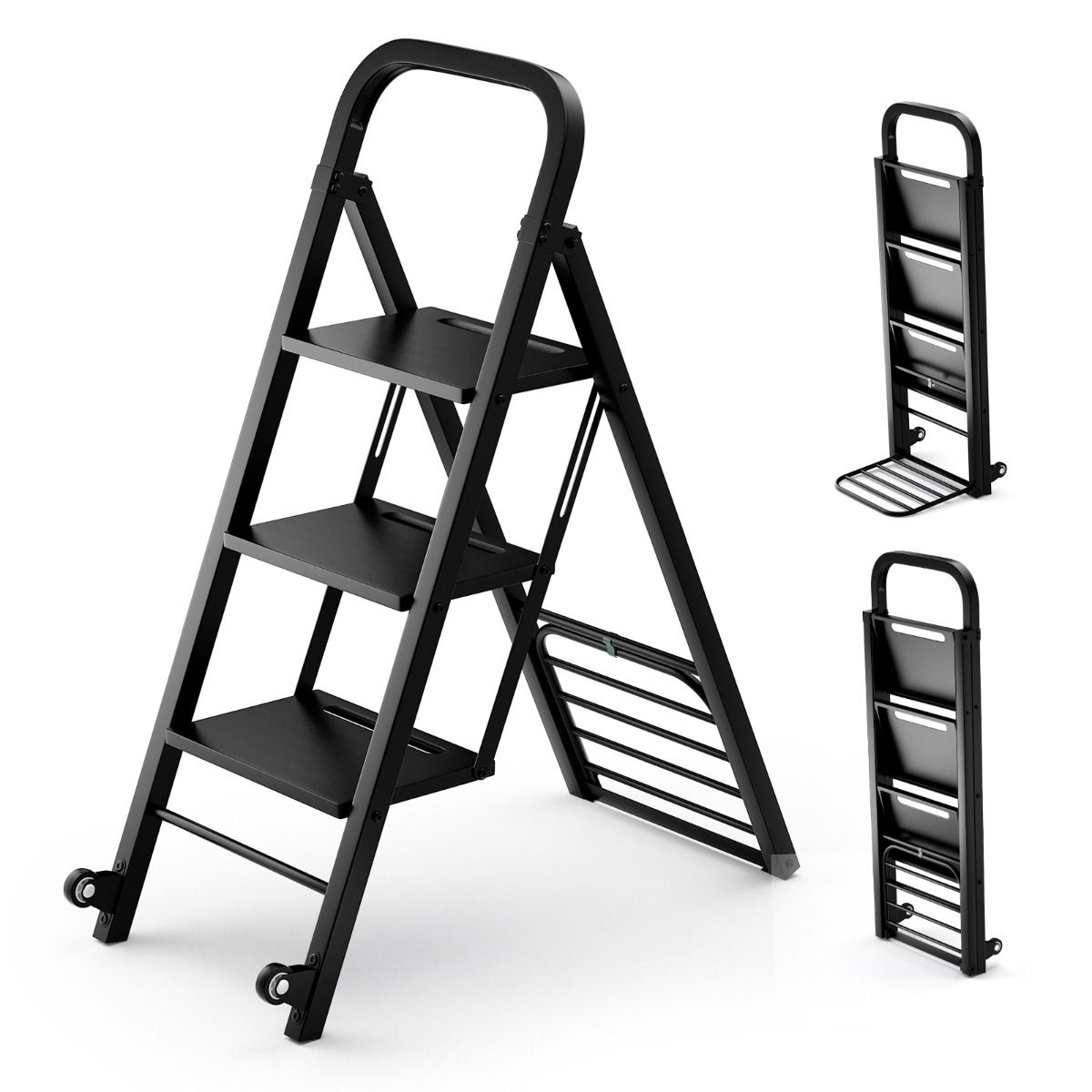 Coast Klappleiter und Transportwagen – 2-in-1-Design – 3 breite Sprossen – Schwarz