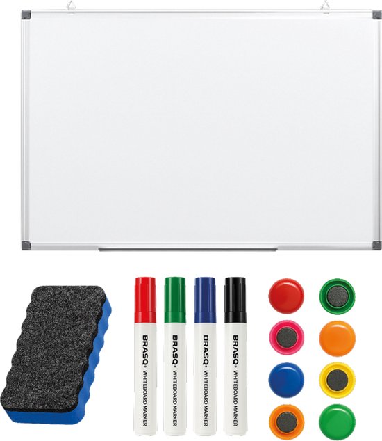 BRASQ Whiteboard 60x90 cm magnetisch - mit Zubehörset (Marker, Radiergummi, Magnete) - Tafel - Magnetische Tafel - Weiß