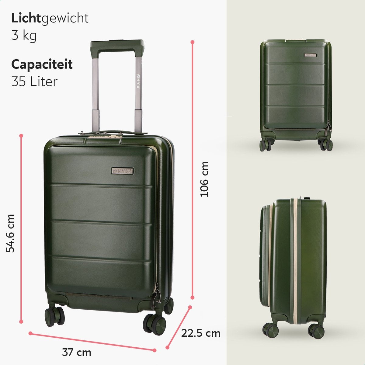 ONYXÂ® Handgepäck Koffer - Spinner-Räder - Doppeltes TSA-Schloss - Praktische Fronttasche - 35 L - 55 cm - Oliv