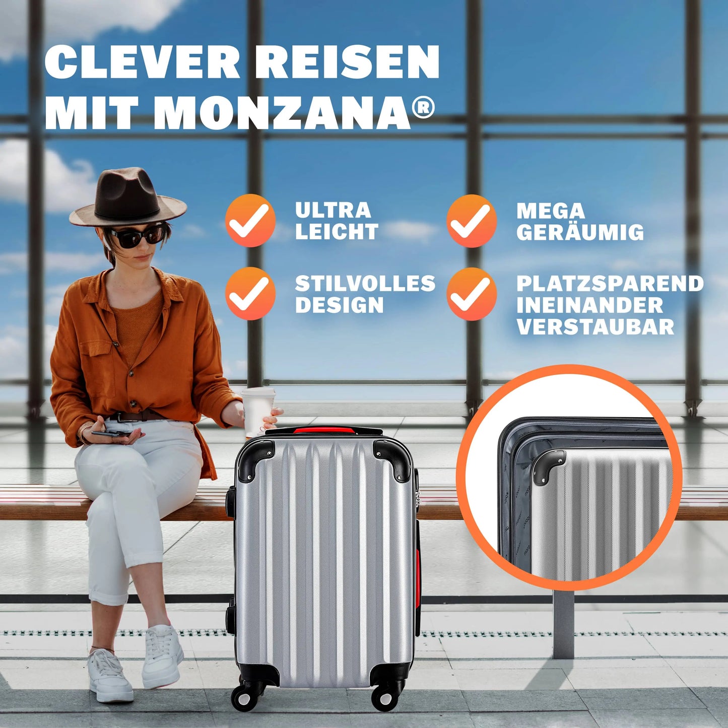 Hartschalenkoffer XL – 90 l – 360°-Rollen – ABS – Silber