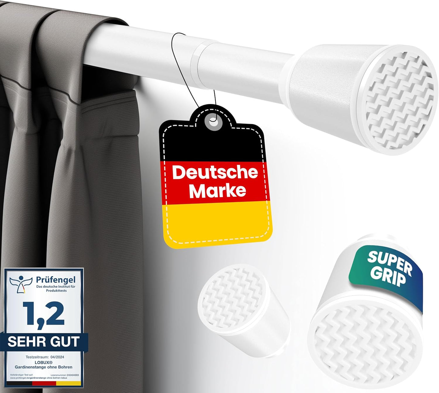 LOBUX Gardinenstange - Ohne Bohren - Weiß - 260 - 350 cm - Teleskopierbar