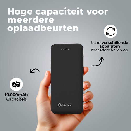Denver Powerbank 10000 mAh - Mit Batterieanzeige - USB - Micro USB - Universal Powerbank für Apple iPhone / Samsung, u.a. - Schwarz - PBS10010B
