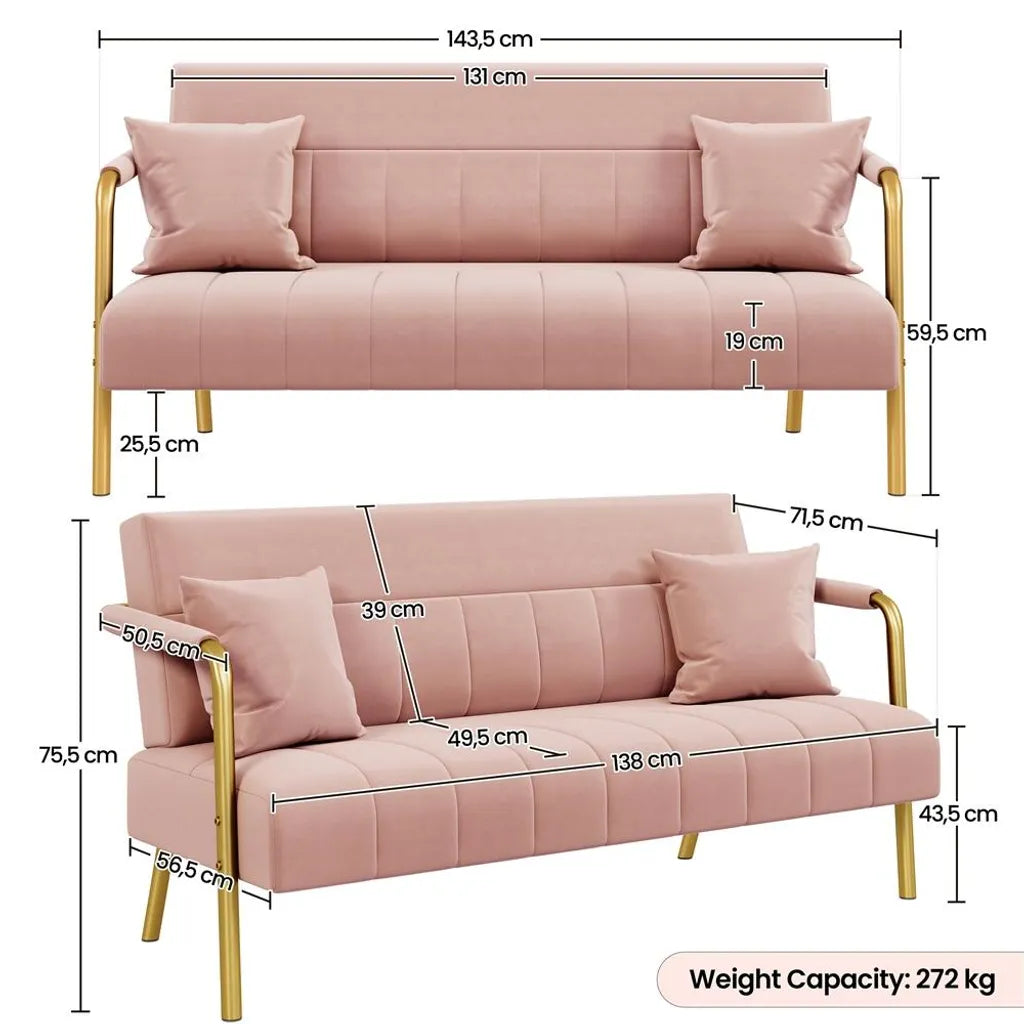 Yaheetech 2-Sitzer-Sofa mit Armlehnen und 2 Lendenkissen – Rosa – 143,5 x 71,5 x 75,5 cm