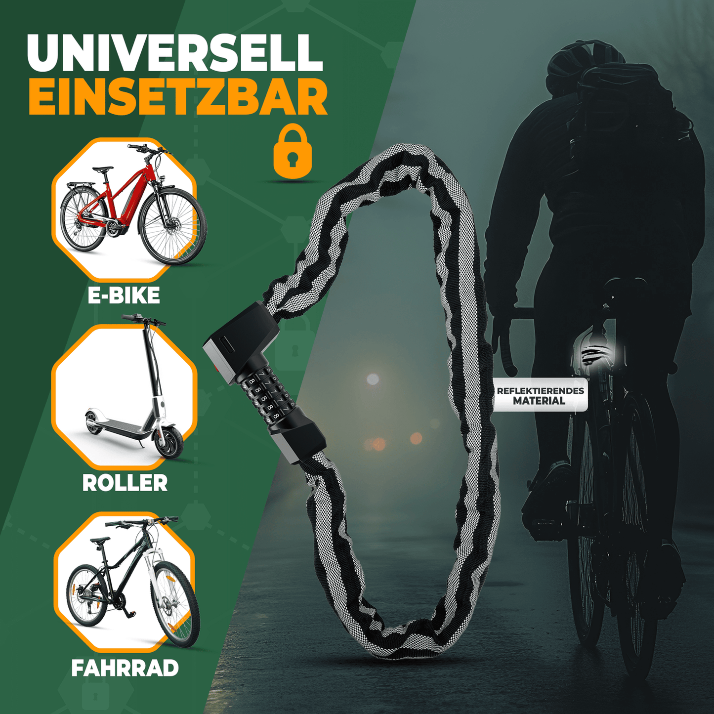 Mivelo Kettenschloss 100 cm – Zahlenschloss mit LED – Edelstahl – Schwarz