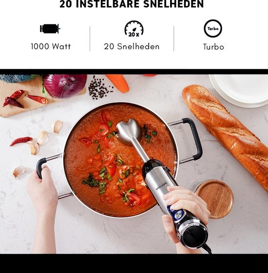 Safecourt Kitchen - 6-teiliges Stabmixer-Set - Inklusive Milchaufschäumer & Messbecher - Zerkleinerer - 1000 Watt - 20 Geschwindigkeiten