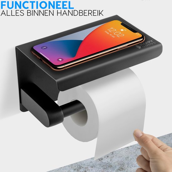 Happy Goods Toilettenpapierhalter mit Ablage - Selbstklebend / Bohren - Toilettenpapierhalter Schwarz ohne Bohren - Edelstahl - Inkl.