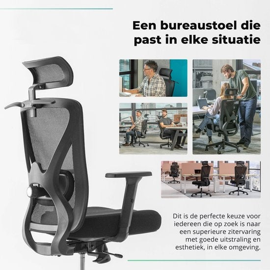 Backerz® Ergonomischer Bürostuhl - Für Erwachsene - Vollständig einstellbar - Zertifiziert bis 150kg - Spielstuhl - Motion Mesh - Schwarz