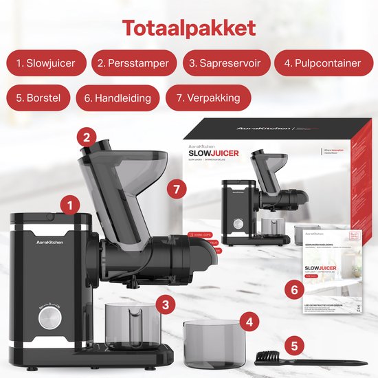 AoraKitchen Slowjuicer - mit Rücklauffunktion - Entsafter - 500 ML - Entsafter - für Gemüse und Obst - Obstpresse - Schwarz