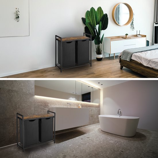 BRASQ Wäschekorb 2 Fächer - Wäschesortierer 76 Liter - Ausziehbar mit Regal 73x33x71 cm - Wäschebox Schwarz Metall - Braunes Holz - Korb