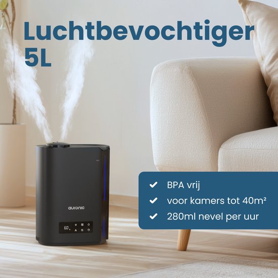 Auronic Luftbefeuchter - 5 Liter - Geeignet für Wohnzimmer, Büro, Schlafzimmer, Babyzimmer und mehr - BPA-frei - Schwarz
