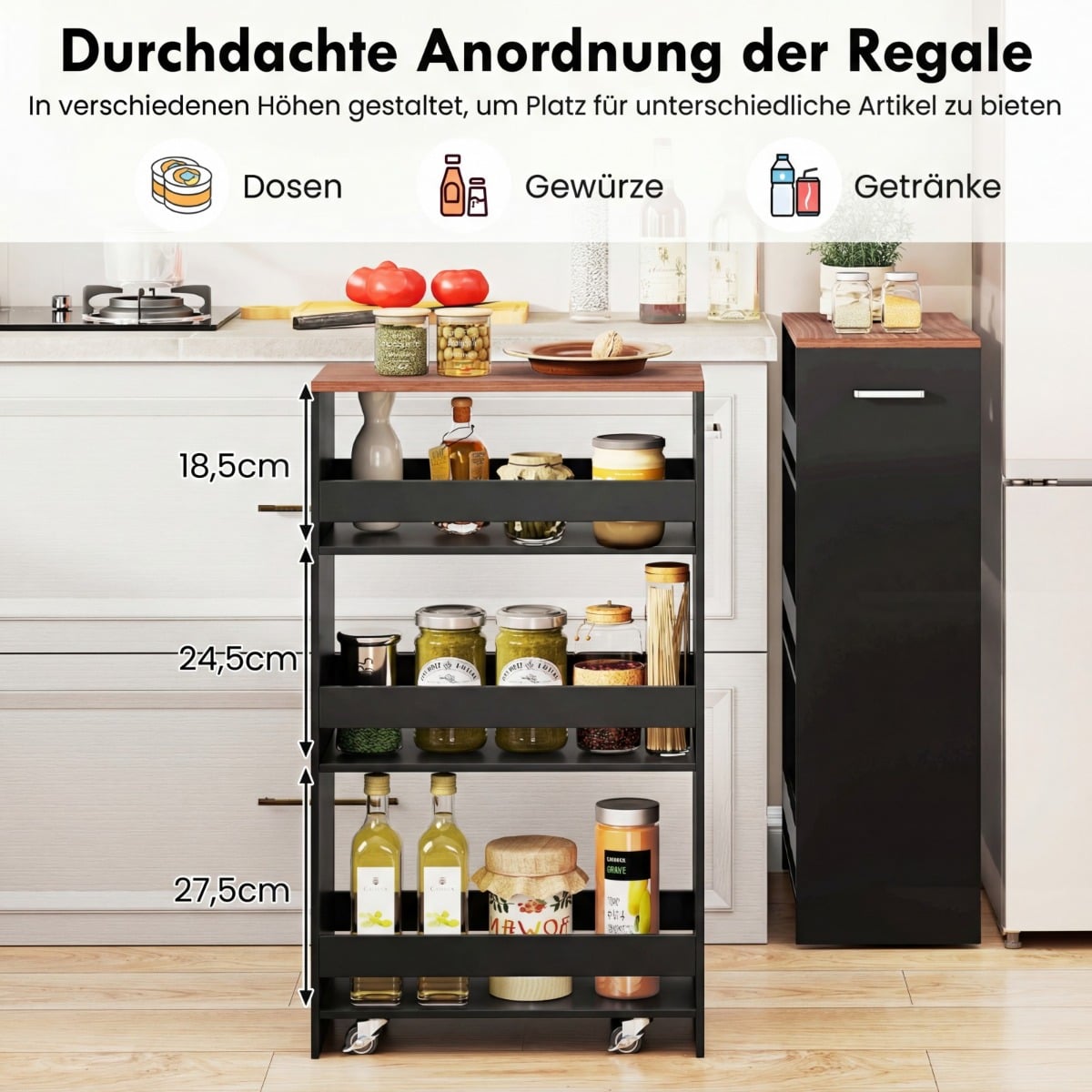 Coast schmaler Küchenwagen – 4-stöckiger Aufbewahrungswagen auf Rädern, 47,5 x 25 x 80,5 cm – Schwarz/Braun