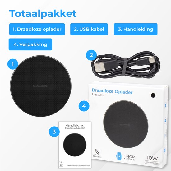 Nuvance Wireless Charger 10W - Inklusive Kabel - Wireless Charger - Schnellladegerät - Geeignet für alle drahtlos aufladbaren Smartphones