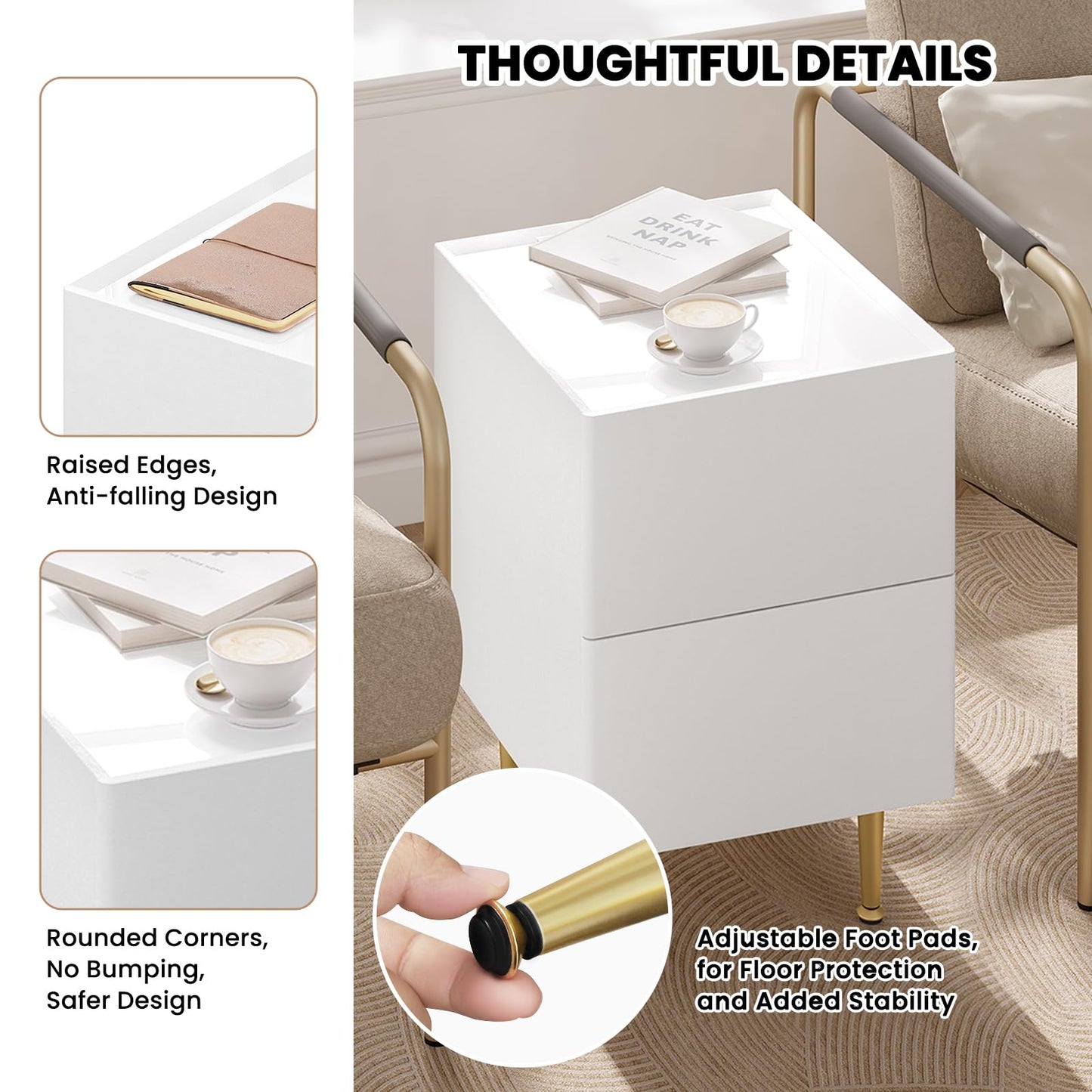 WOLTU NTS10ws03 Nachttisch – 2 Schubladen – Hochglanzweiß mit Gold – 35 x 40 x 51 cm – Holz, PVC und Metall
