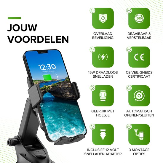 iSetchi Telefoonhouder - Qi Draadloze Oplader - 15 Watt Snellader - Ventilatierooster